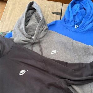 Lot of 3 Nike Pullover Hoodies in Black, Gray & Royal Blue